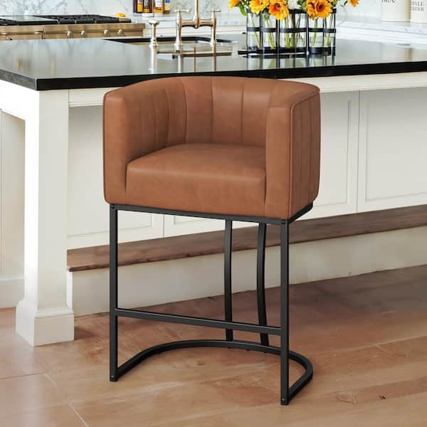 LUE BONA Siska 26 in. Modern Brown Faux Leather Upholstered Counter Stool with Black Metal Frame Barrel Counter Bar Stool