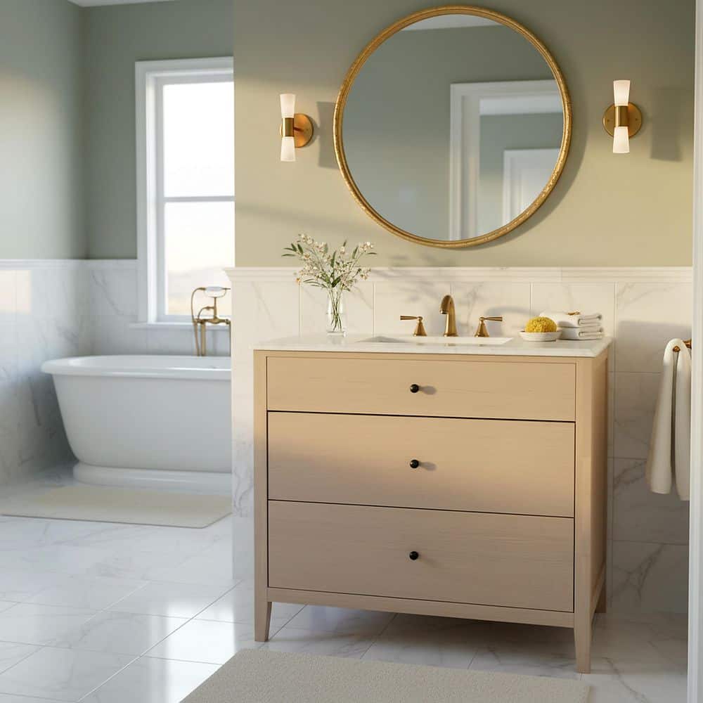 "Oliviabella 36"" Single Sink Natural Bath Vanity with White Marble Top" price history on PriceWatchPro