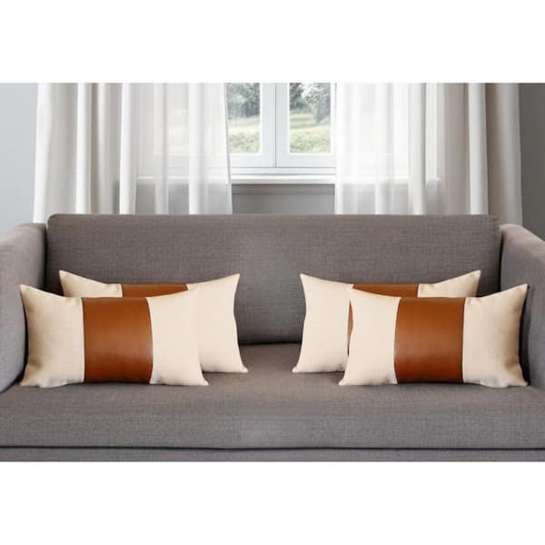 HomeRoots Ivory, Brown Solid Polyester 12 in. x 20 in. Throw Pillow Set of 4