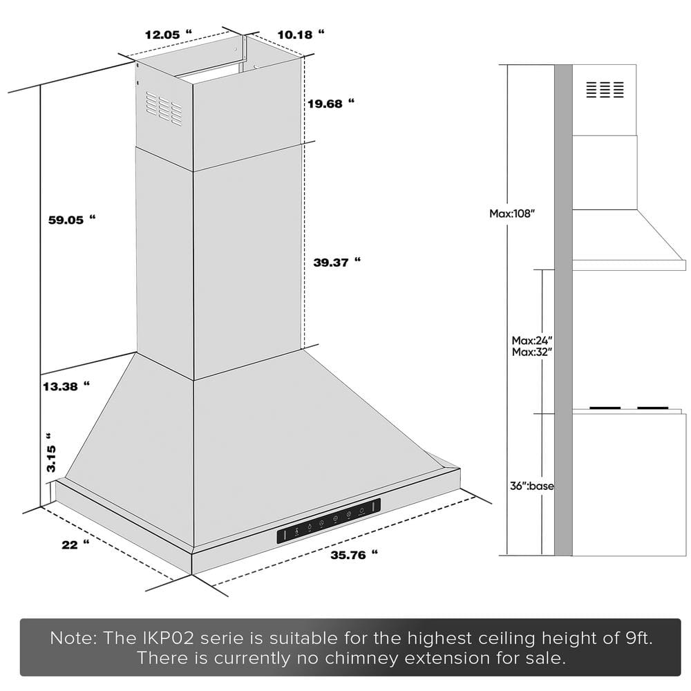 36'' Stainless Steel Convertible Wall Mount Range Hood with Charcoal Filter