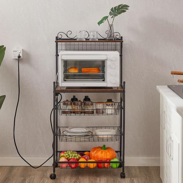 Unbranded 5-Shelf Brown Kitchen Storage Shelf Rack with Basket and Anti-skid Locks Wheels