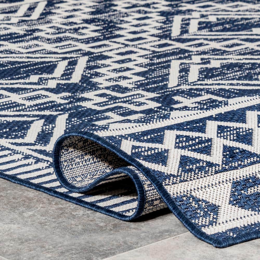 Navy and Ivory Synthetic Diamond Pattern Runner Rug, 2' x 8'