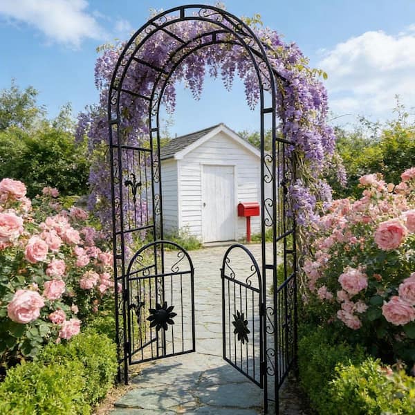 Coporesell 98 in. Black Metal Garden Arch Arbor Trellis with Wedding ...