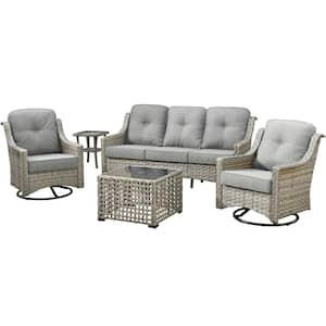 Denver 5-Piece Wicker Outdoor Furniture Patio Conversation Sofa Set with Swivel Rocking Chairs and Dark Grey Cushions