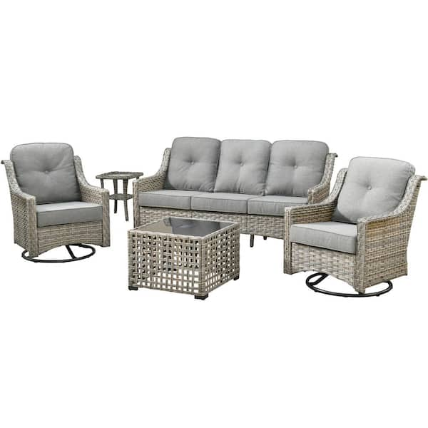 Denver 5-Piece Wicker Outdoor Furniture Patio Conversation Sofa Set with Swivel Rocking Chairs and Dark Grey Cushions