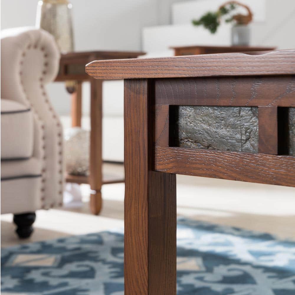 Rustic Oak Rectangular Coffee Table with Slate Details