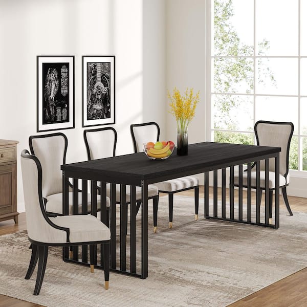 Roesler 78.7 in. Black Wood Dining Table Sled Long Rectangle Dining Table Industrial Kitchen Table for 8 w/ Metal Frame