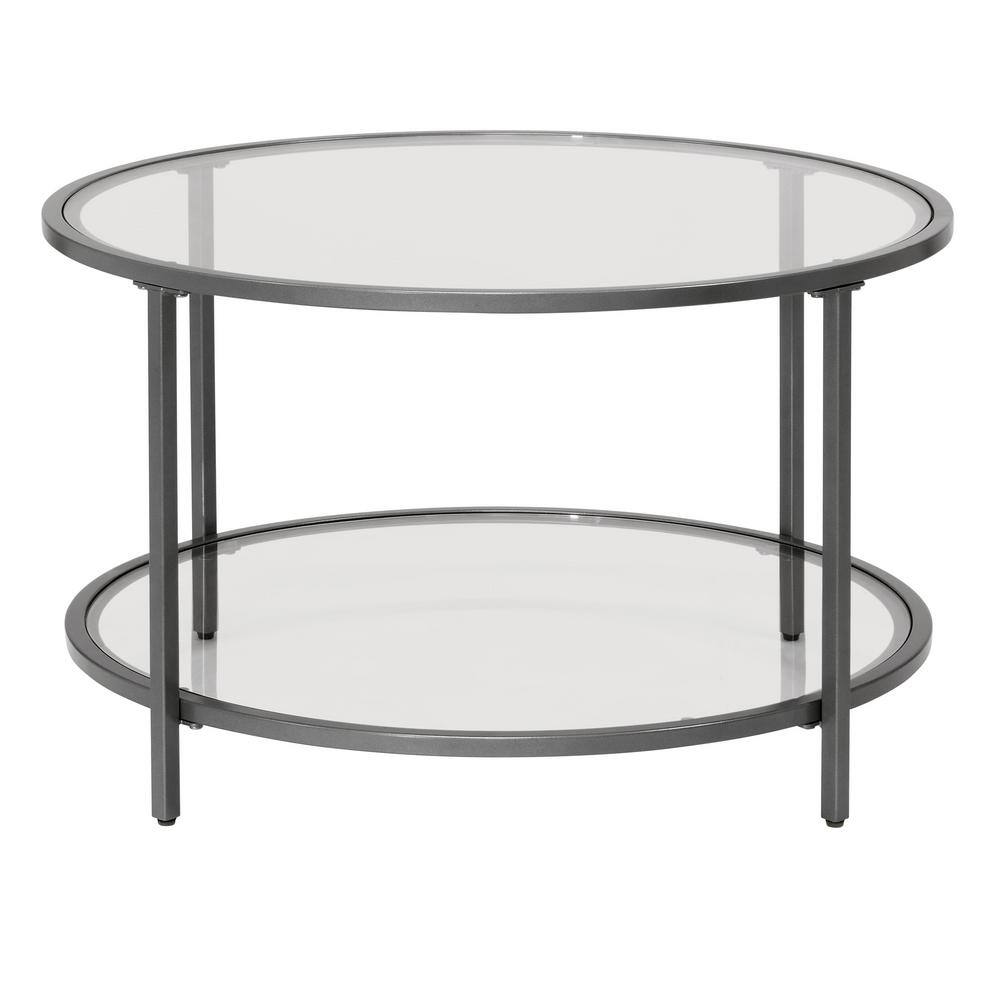 Pewter Round Glass Coffee Table with Steel Frame, 28 Inches