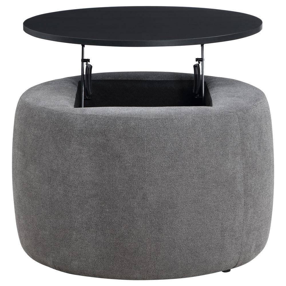 Gray and Black Round Upholstered Lift-Top Storage Ottoman