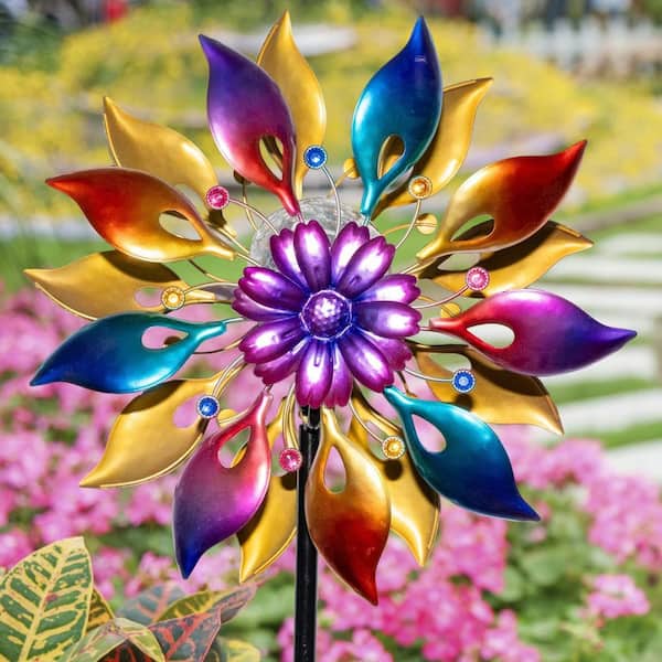 61 in. H Multi-Colored Metal Wind Spinners Outdoor with Solar