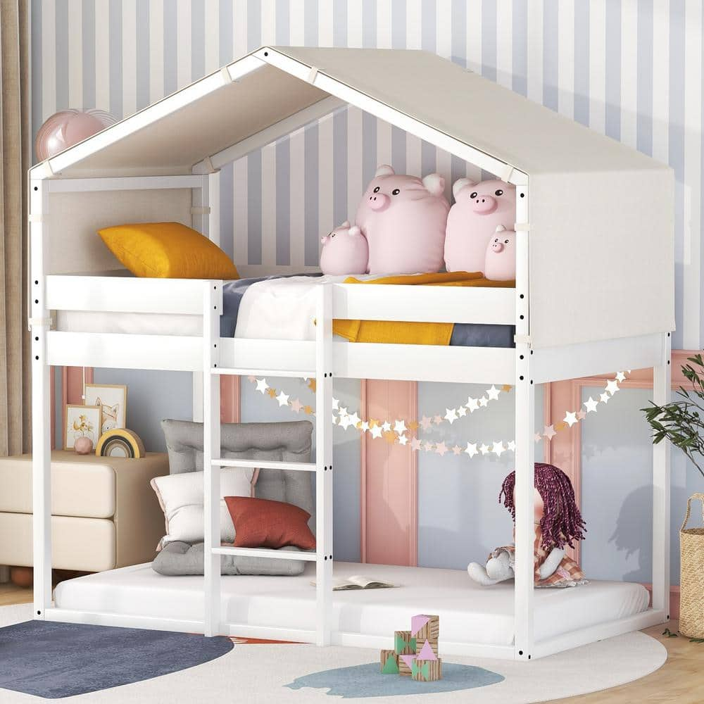 Harper & Bright Designs White Twin Over Twin Wood House Bunk Bed With ...