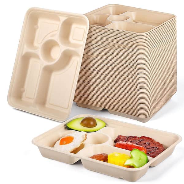 11 in. Beige Tan Disposable Bagasse Paper 5-Compartment Plates Heavy-Duty Tableware 60 Pack Per Case