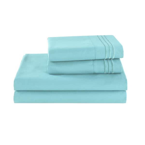 S4PCS 4-Pieces Embroidery Aqua Blue Polyester Queen Size Cooling Bed Sheets Set