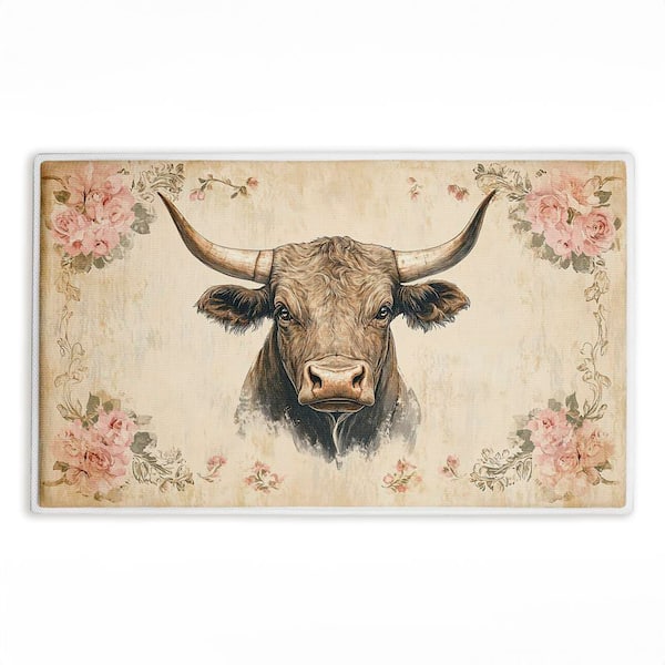 Cattle with Floral Border 18 in. x 30 in. Beige Floral Polyester Blend Rectangle Bath Mat