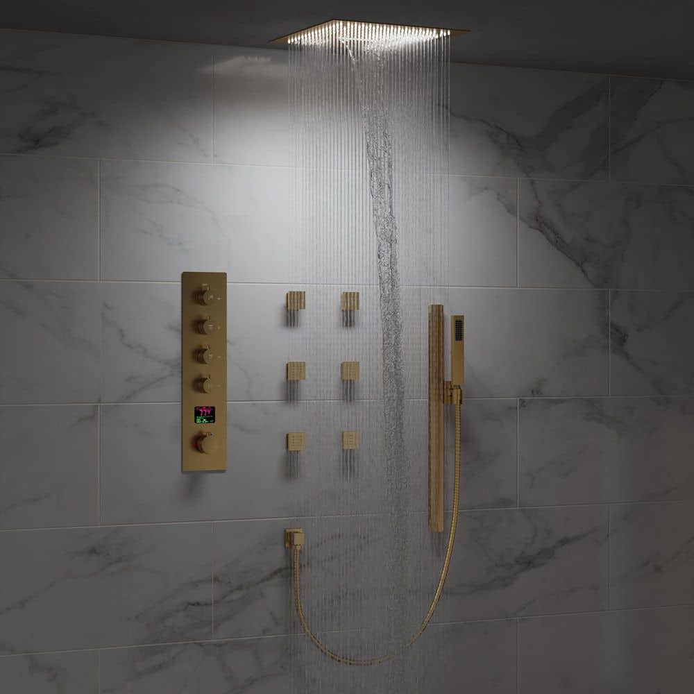 Large Brushed Gold LED Ceiling Mount Shower System