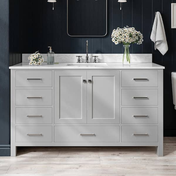 ARIEL Cambridge 61 in. W x 22 in. D x 35.25 in. H Bath Vanity in Grey with White Marble Vanity Top with Basin