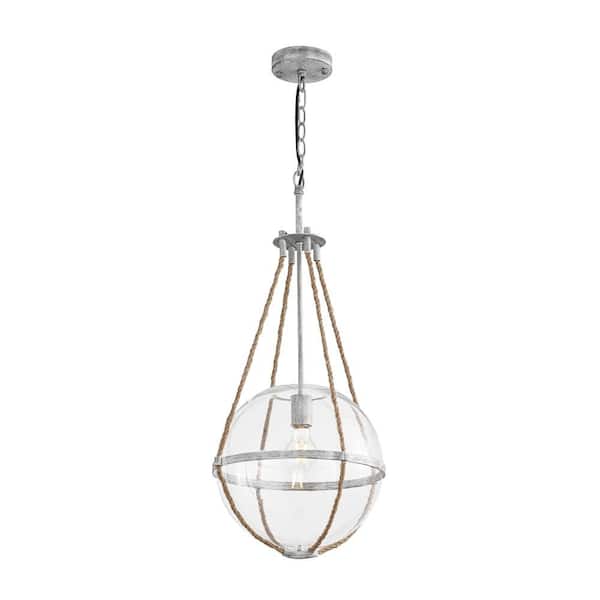 Orbis 1-Light 12.6 in.W Off - White Gray Pendant Light Convertible Semi-Flush Mount with Hemp Rope and Globe Clear Glass