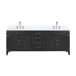 Fossa 84 in W x 22 in D Black Oak Double Bath Vanity, Carrara Marble Top, and Faucet Set