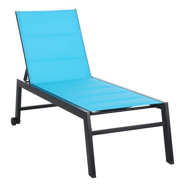 Unbranded Blue Steel Frame Outdoor Chaise Lounge with Wheels, Five Position Recliner Breathable Fabric for Beach