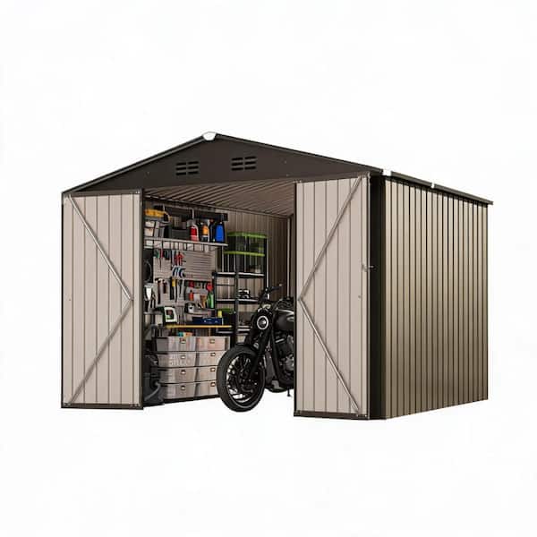 10X10 FT Storage Shed with Cross Windows & Lockable Door，Large Outdoor Metal Shed