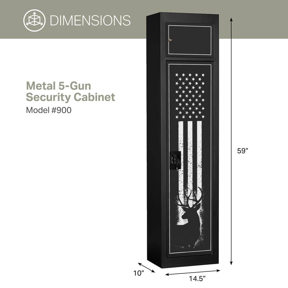 Black Metal 5-Rifle Locking Gun Storage Cabinet with Pistol Compartment