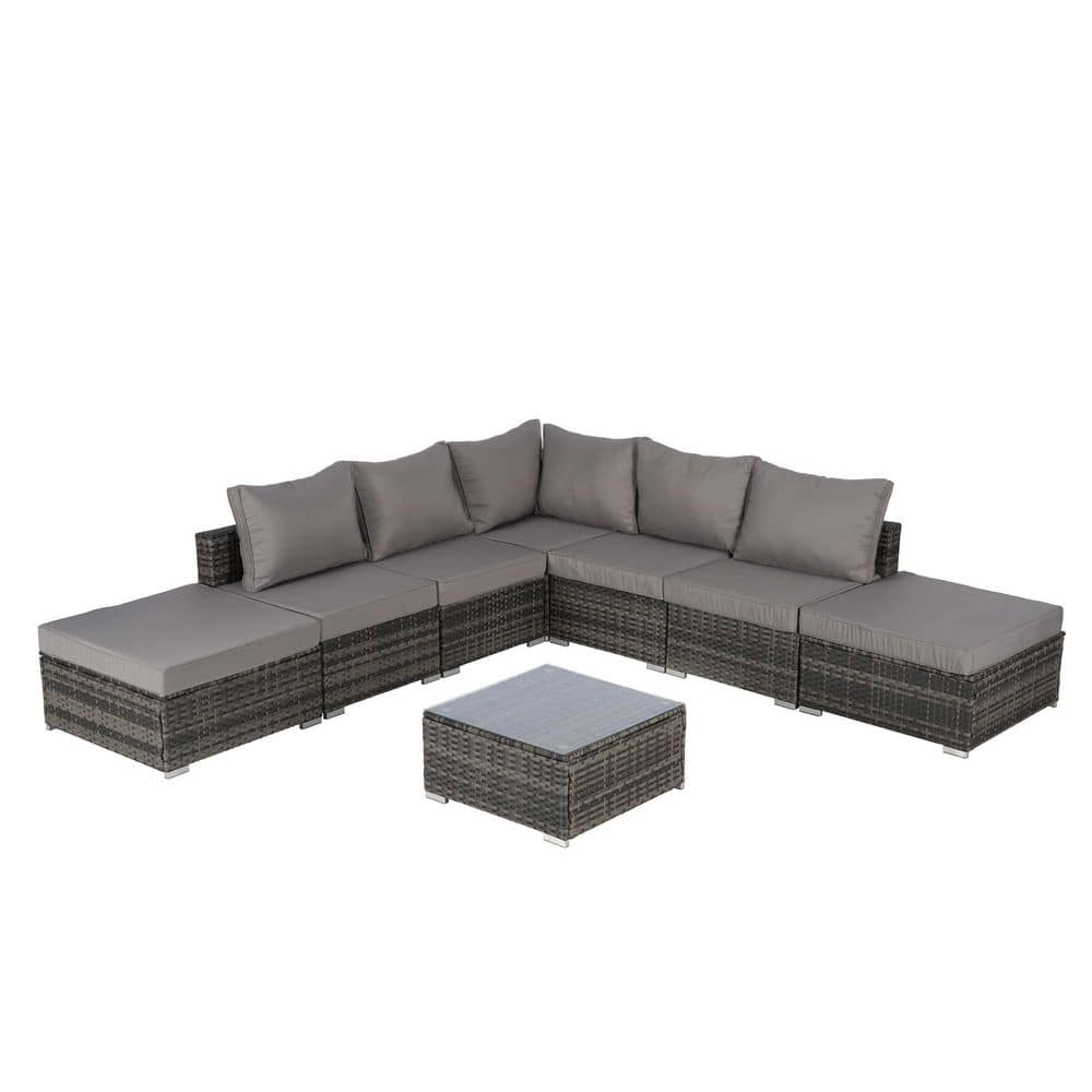 8-Pieces Wicker Outdoor Sectional Set, Sofa Couch with Dark Gray Cushions, 