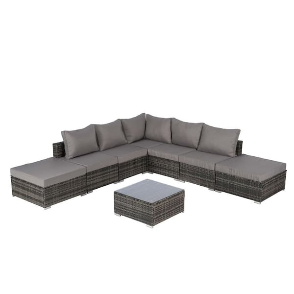 Unbranded 8-Pieces Wicker Outdoor Sectional Set, Sofa Couch with Dark Gray Cushions, Glass Coffee for Garden Poolside