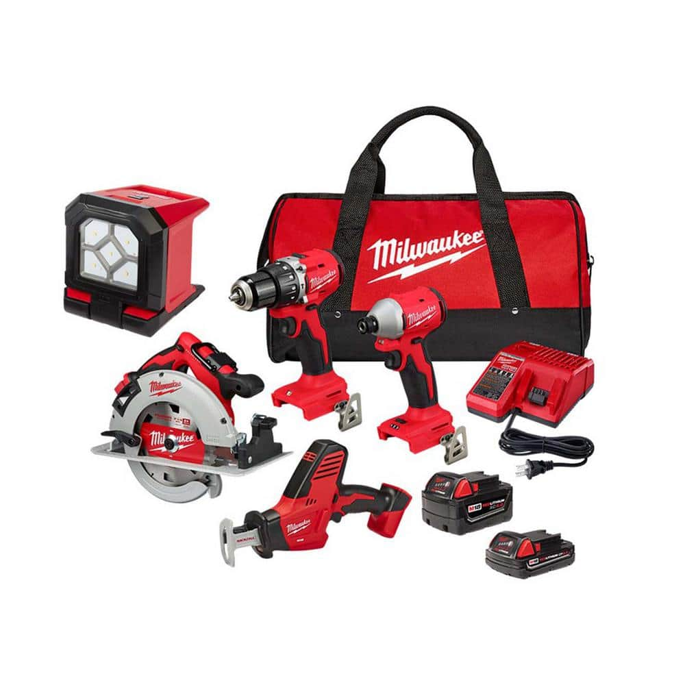 M18 18-Volt Lithium-Ion Brushless Cordless Combo Kit (4-Tool) with 2-Batteries, 1-Charger and Tool Bag with Flood Light -  Milwaukee