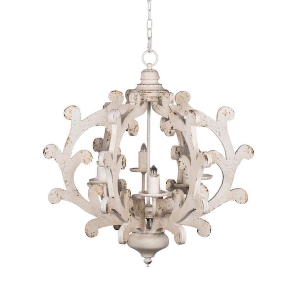 60-Watt 6-Light White Wood Chandelier Hanging Light Fixture for Dining Living Room No Blub E12