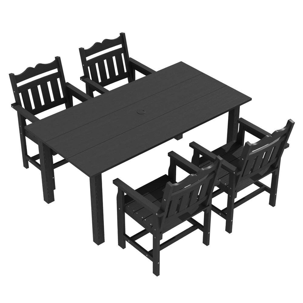 5-Piece Plastic Outdoor Patio Dining Set, Rectangular Table with Umbrella Hole and 4-Chairs in Black price history on PriceWatchPro