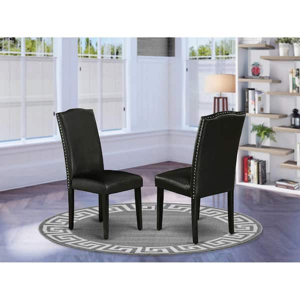 East West Furniture Black, Parson Dining Room Chairs - Nailhead Trim Faux Leather Padded Chairs, Set Of 2