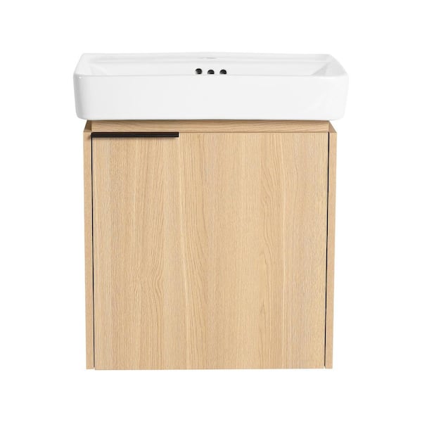 Ziyudura 20 in. Single Sink Floating Oak Bath Vanity with White Ceramic Top, Overflow Hole, Pre-drilled Faucets