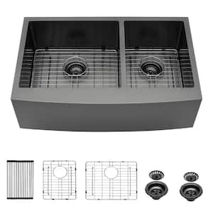 36 in. Farmhouse/Apron-Front 60/40 Double Bowl 16-Gauge Gunmetal Black Stainless Steel Kitchen Sink with Accessories