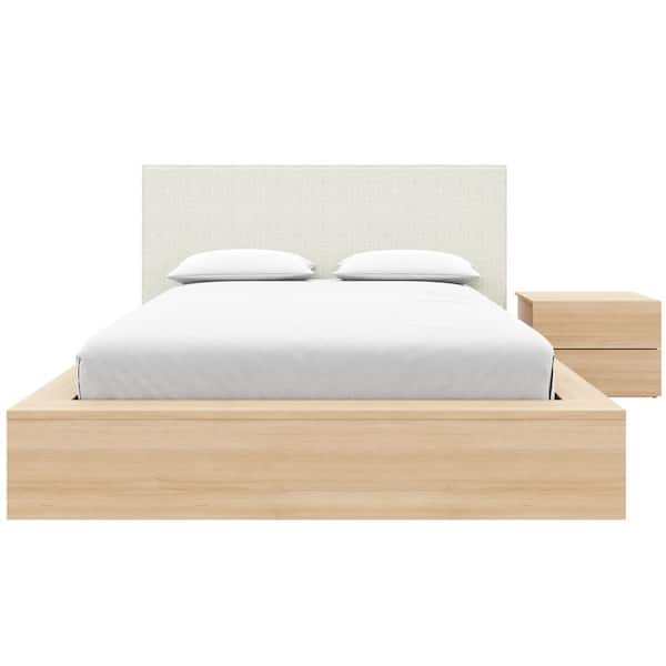 Bardot 3-Piece Natural Blonde Oak Wood Queen Size Bedroom Set with Gray Upholstered Headboard