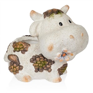 12 in. Smiling Cow Statue Ceramic Planter with Drainage Hole, Gray, MGO