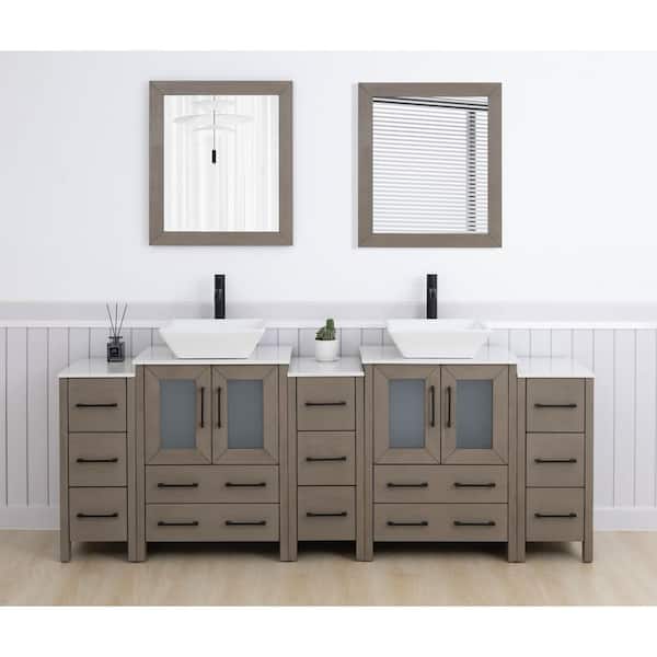 84 in. W Double Basin Driftwood Gray Bath Vanity with White Engineered Marble Top and Mirror