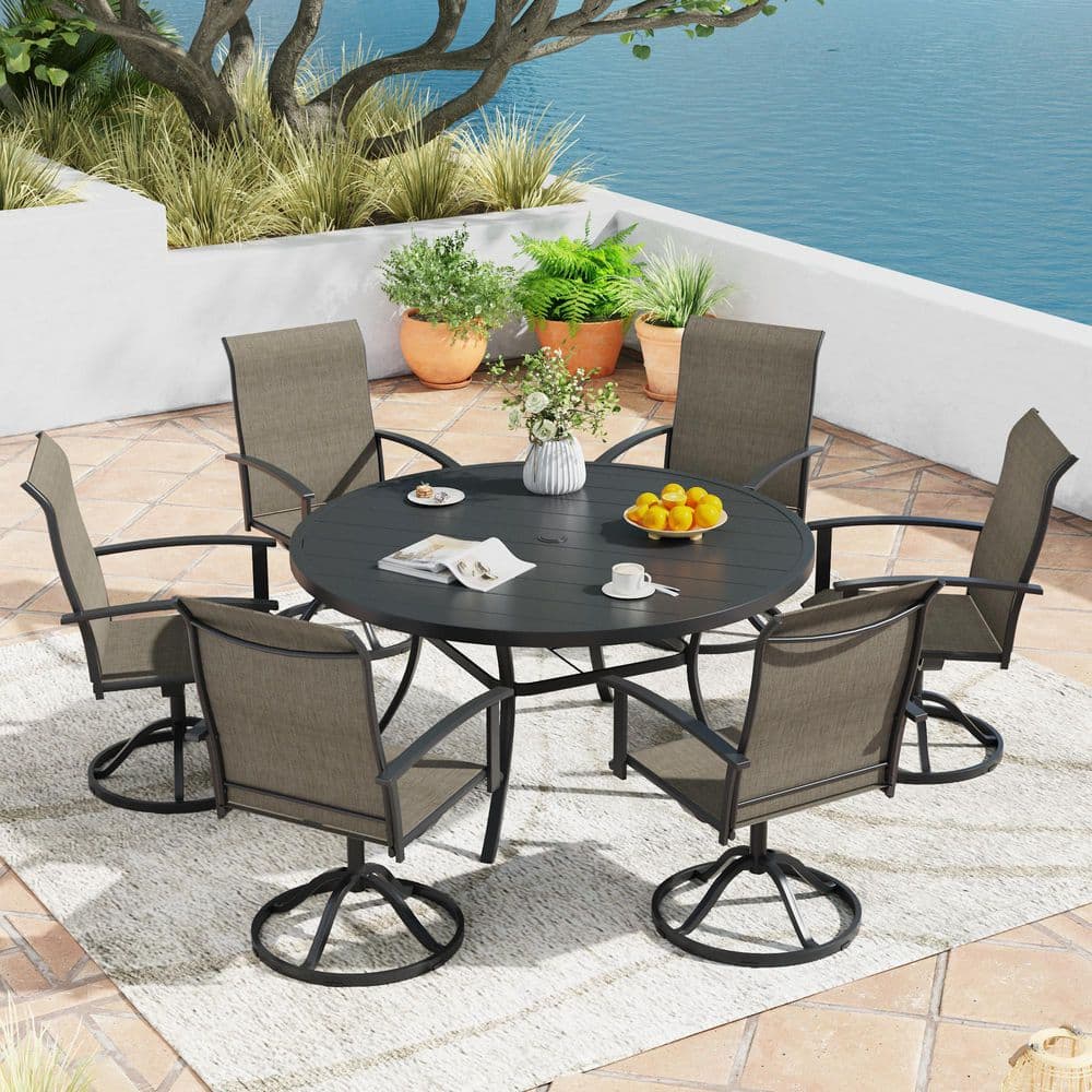7-Piece Metal Outdoor Patio Dining Set with 50 in. Black Round Table and 6 Brown Textilene Swivel Dining Chairs price history on PriceWatchPro