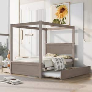 Brushed Light Brown Wood Frame Full Size Canopy Bed with 2-Drawers and Trundle