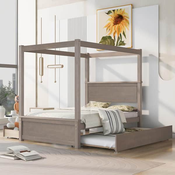 Harper & Bright Designs Brushed Light Brown Wood Frame Full Size Canopy Bed with 2-Drawers and Trundle