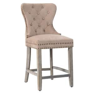 Harper 24 in. High Back Nail Head Trim Button Tufted Taupe Velvet Counter Stool with Solid Wood Frame in Antique Gray