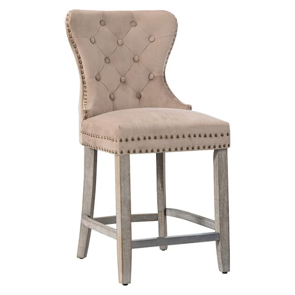 WESTINFURNITURE Harper 24 in. High Back Nail Head Trim Button Tufted Taupe Velvet Counter Stool with Solid Wood Frame in Antique Gray