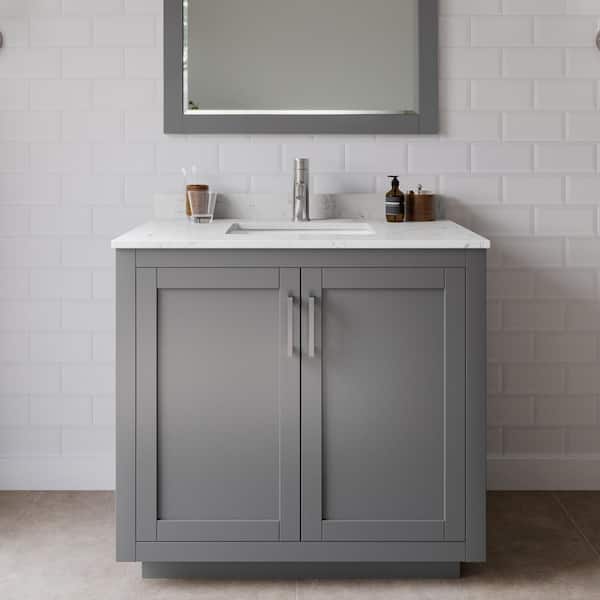 Wyndham Collection Miranda 36 in. W Single Bath Vanity in Dark Gray w/Cultured Marble Vanity Top in LV Carrara with White Basin and Mirror