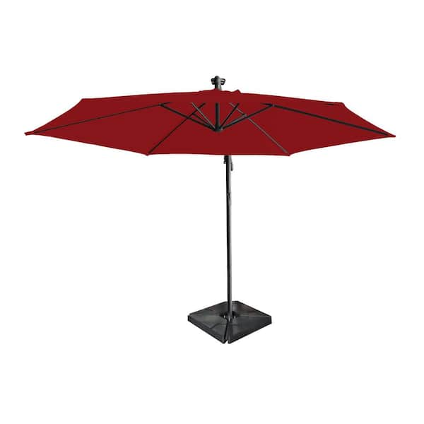 Sola 10 ft. Aluminum and Steel LED Cantilever Solar Patio Umbrella in Red with 4-Piece Base