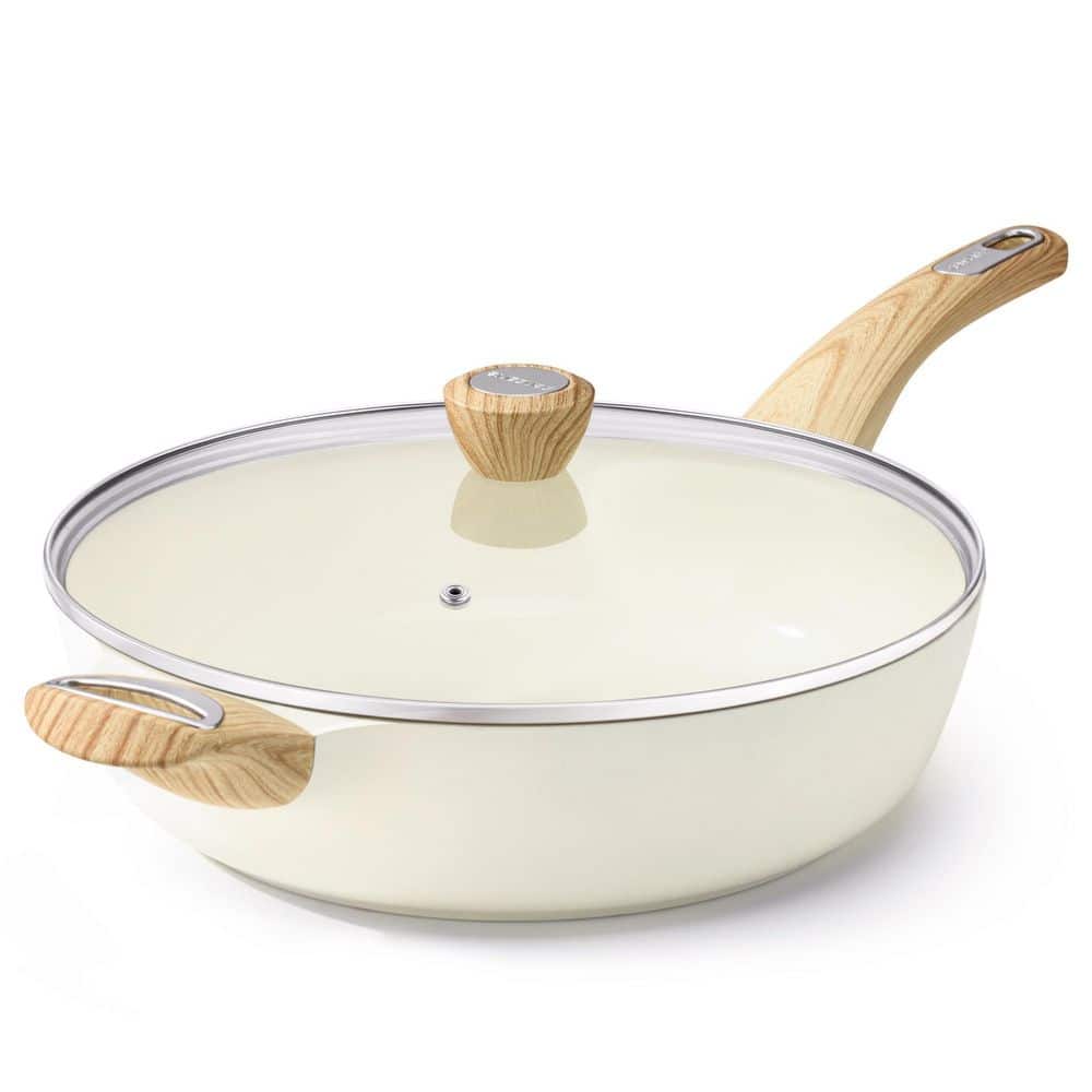 10.5 in. Ceramic Nonstick Frying Pan Skillet with Lid, Healthy Non Toxic Cooking Pan with Helper Handle, White