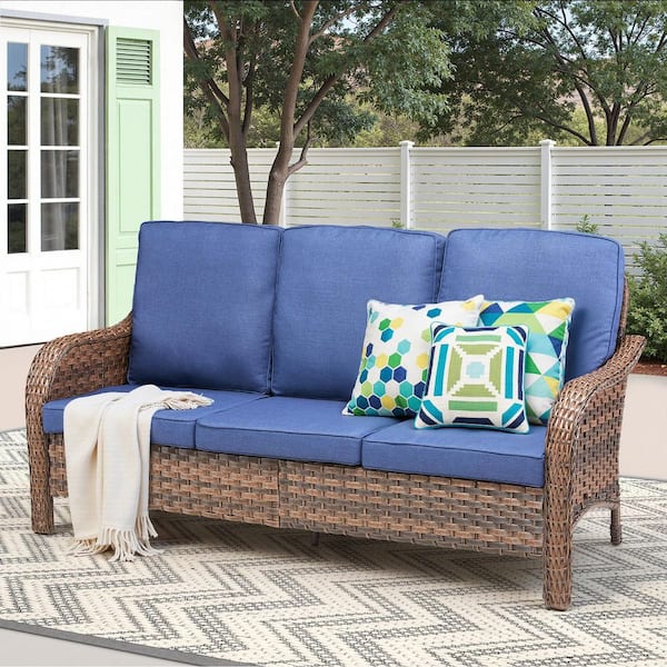 1-Piece Wicker Patio Conversation Outdoor Couch, Patio Lounge Sofa with Blue Cushions