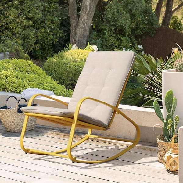 Unbranded Yellow Metal Patio Outdoor Rocking Chair with Removable Paded Gray Cushion