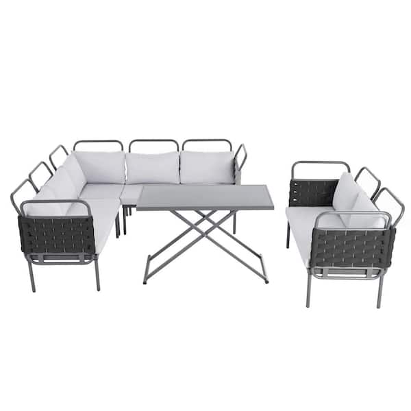 Sudzendf Black 5-Piece Metal Outdoor Patio Sectional Set with Glass Table and Gray Cushions