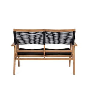 Brown Acacia Wood Outdoor Dining Chair 2-Seat, Black Rope Furniture Chairs, Conversation Sectional for Backyard Poolside