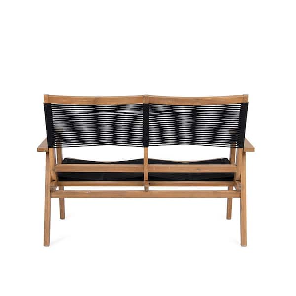 Unbranded Brown Acacia Wood Outdoor Dining Chair 2-Seat, Black Rope Furniture Chairs, Conversation Sectional for Backyard Poolside