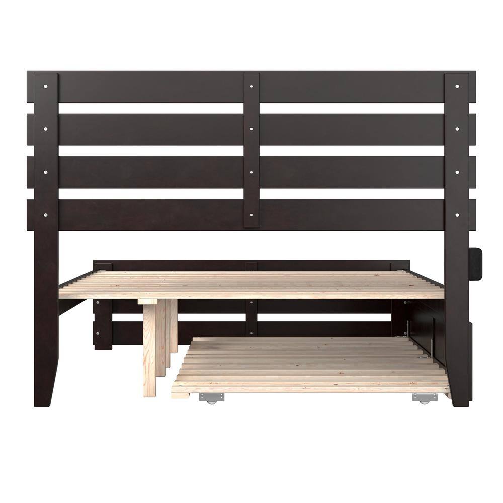 Espresso Full Wood Platform Bed with Trundle and Headboard